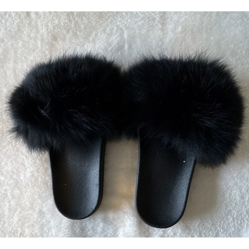 Womens Black Faux Fur Slide Sandals Slip-On Flat Rubber Outsole Casual Sz 7